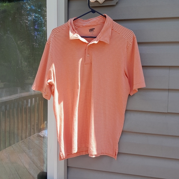 Lands' End Men's Striped Short Sleeve Polo Shirt - Orange/White Large - Picture 3 of 6